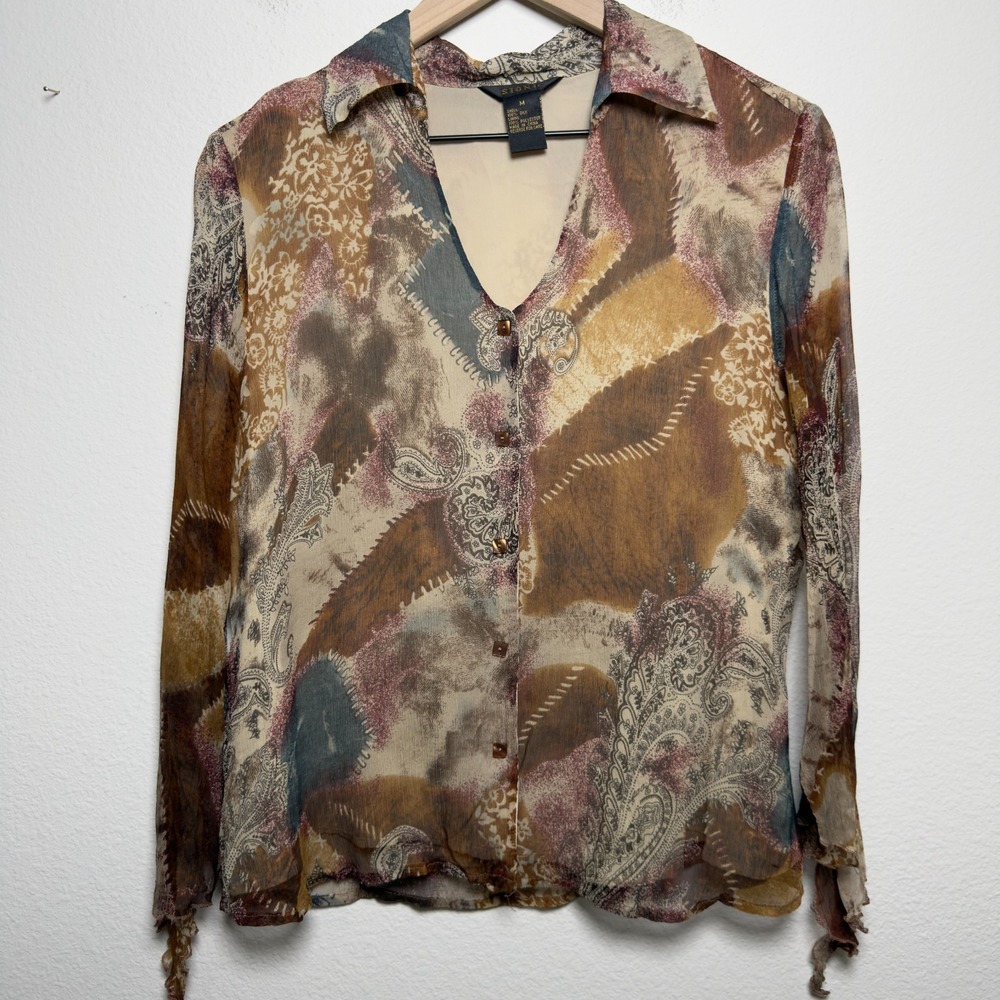 Sioni Women 100% Silk Forest Fairy Button Front Top Flare Sleeve Artsy Abstract‎